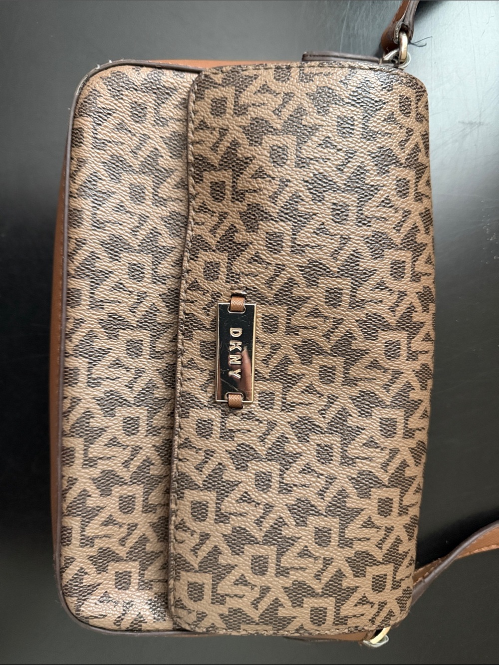 DKNY Tan and Brown Logo-Print Crossbody Belt Bag